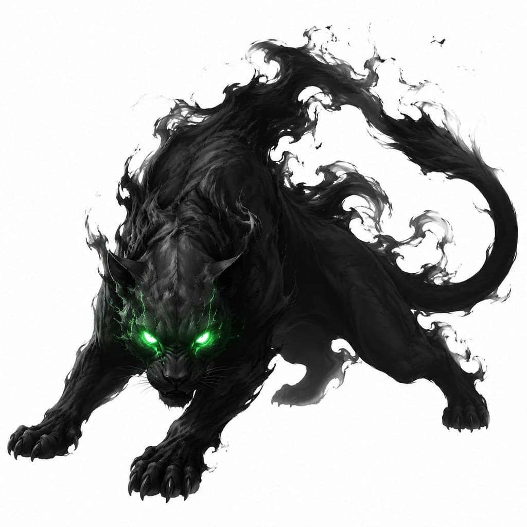 西方魔幻暗影猎豹黑雾身形绿眼全身主视图