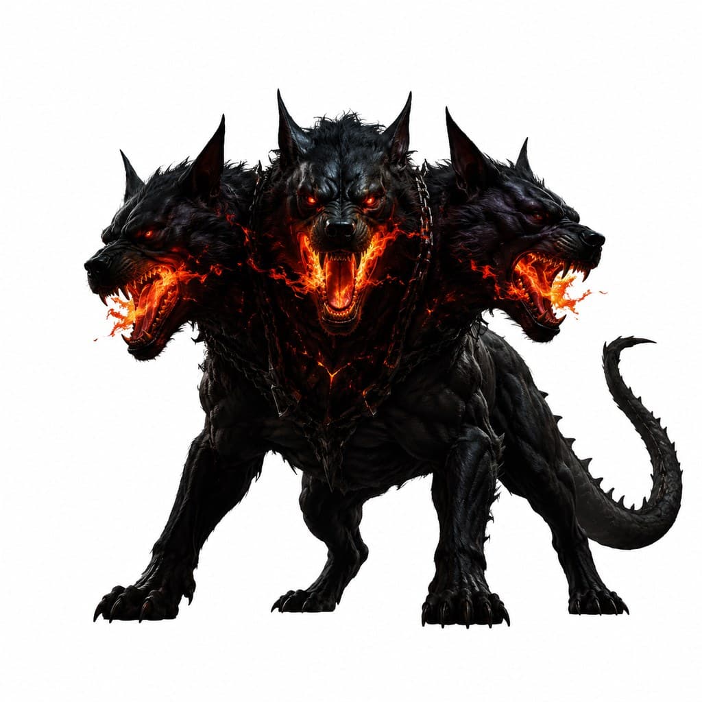 西方魔幻地狱犬三头黑色火焰红眼全身主视图