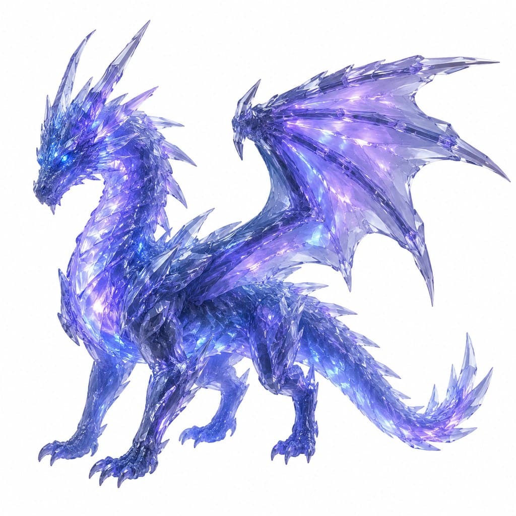 西方魔幻水晶龙半透明晶鳞蓝紫光全身主视图