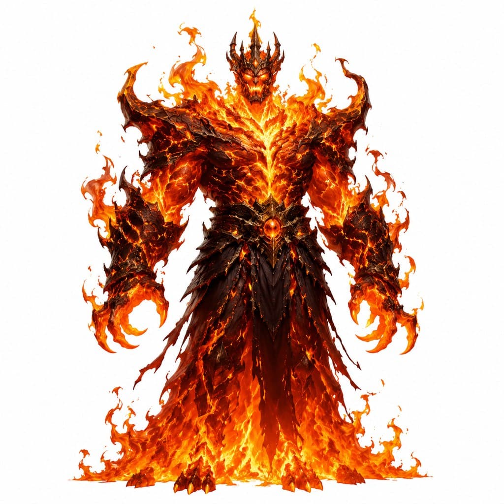 西方魔幻火焰元素领主巨型火焰人形王冠全身主视图