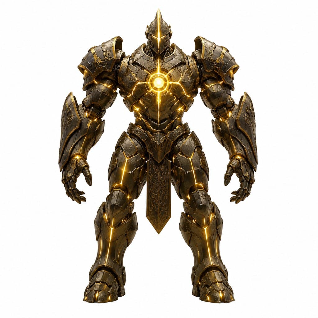 西方魔幻精金魔像精金金属体发金光全身主视图