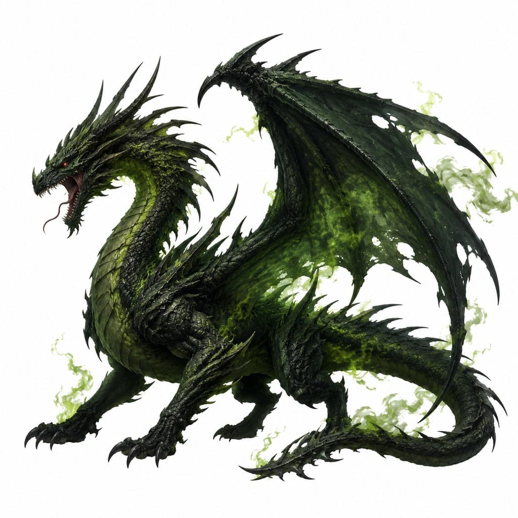 西方魔幻深渊毒龙暗绿鳞毒雾红眼全身主视图