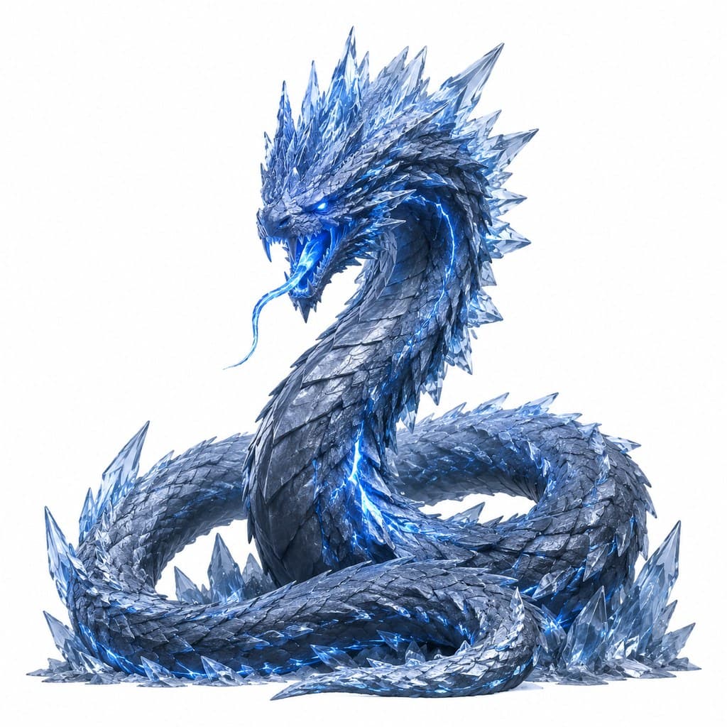 西方魔幻冰霜巨蛇冰晶鳞蓝光全身主视图
