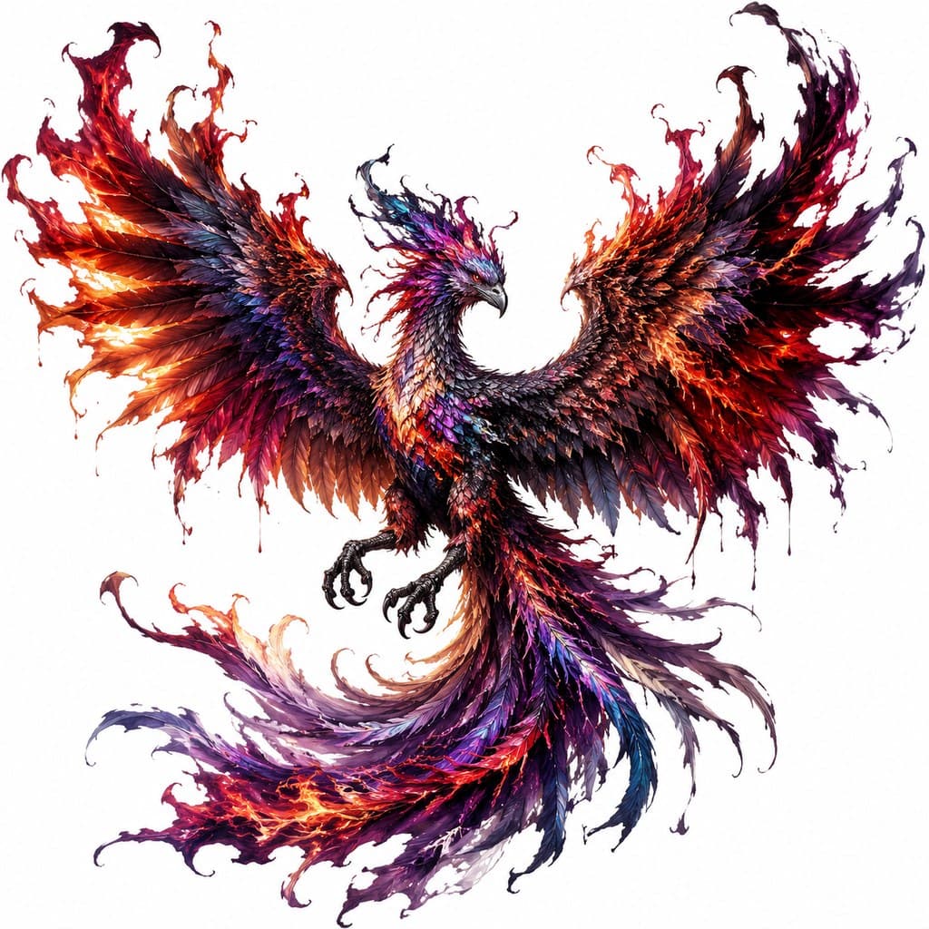 西方魔幻混沌凤凰彩色羽扭曲火翼全身主视图