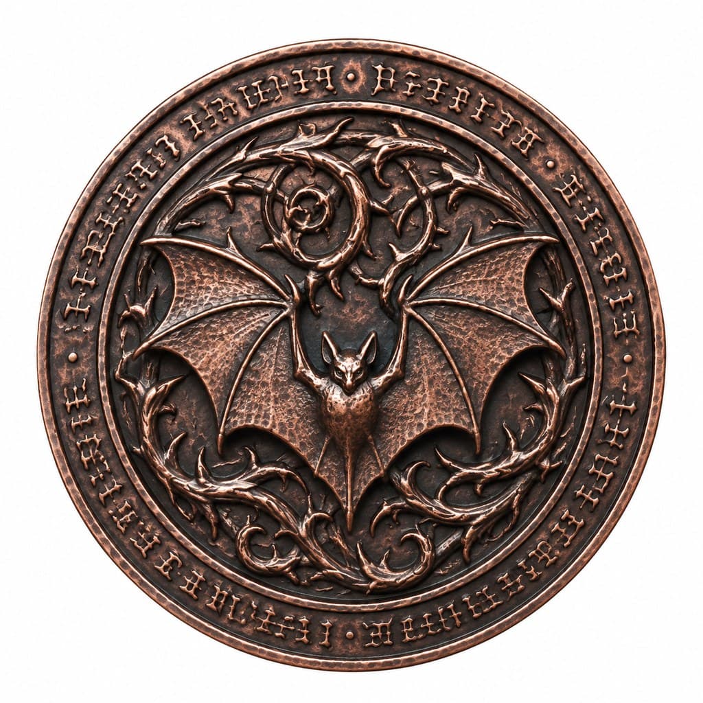 西方魔幻血族家族纹章铜质圆形蝙蝠荆棘正面图