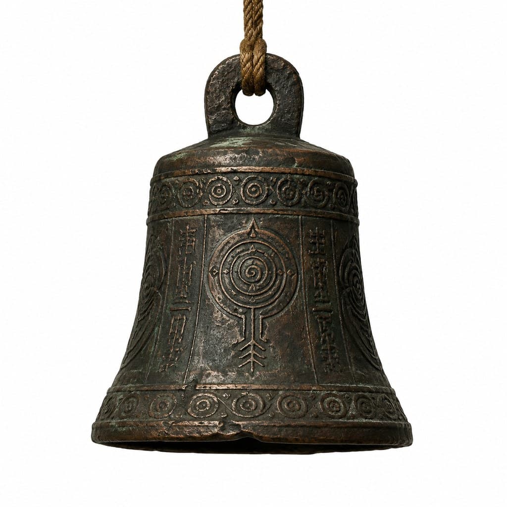 西方魔幻古老铃铛铜质刻咒轮麻绳正面图
