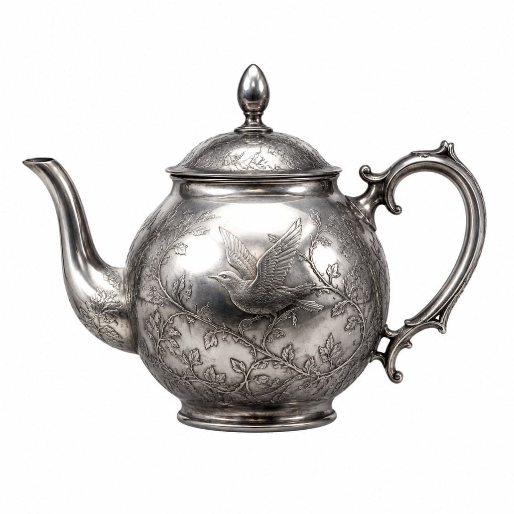 西方魔幻银质茶壶圆腹雕花鸟纹正面图