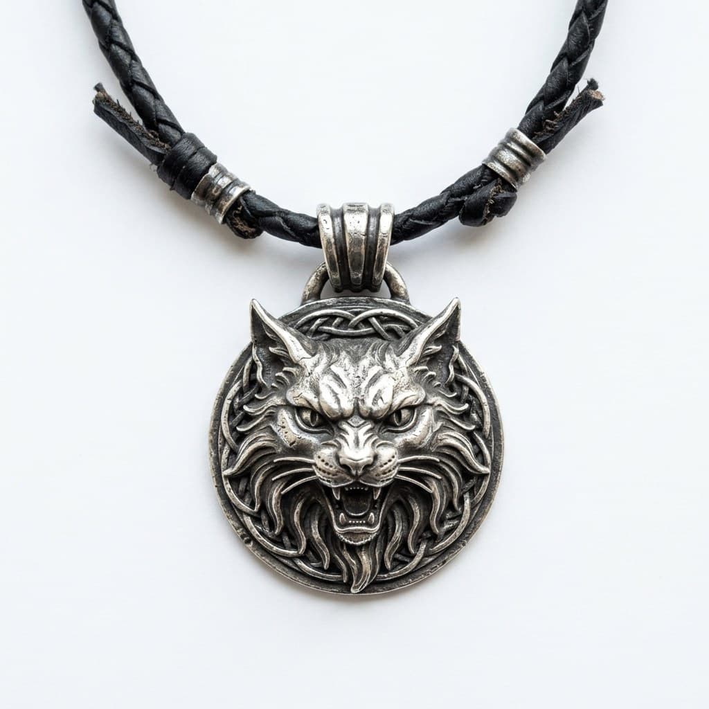 西方魔幻猎魔人银质猫头徽章猫派正面图