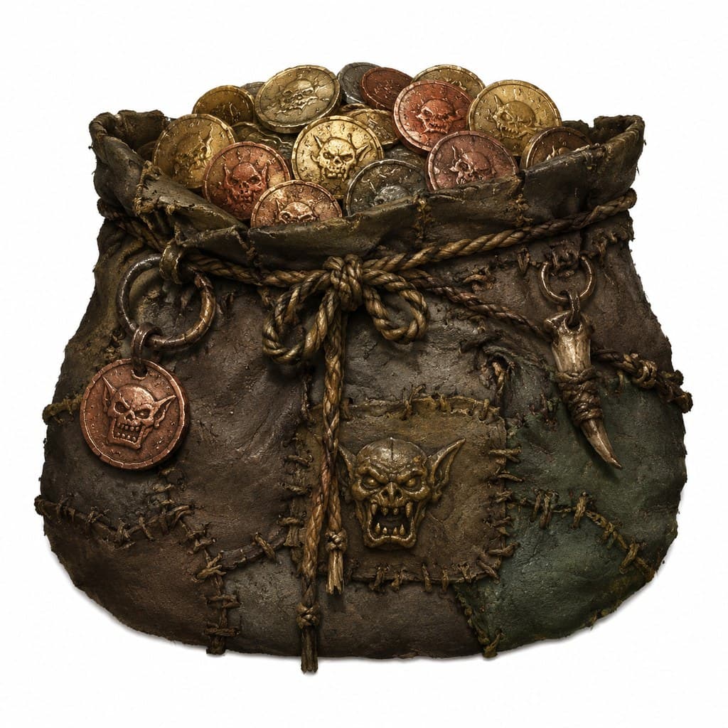 西方魔幻地精钱袋破皮袋铜币金币漏出正面图