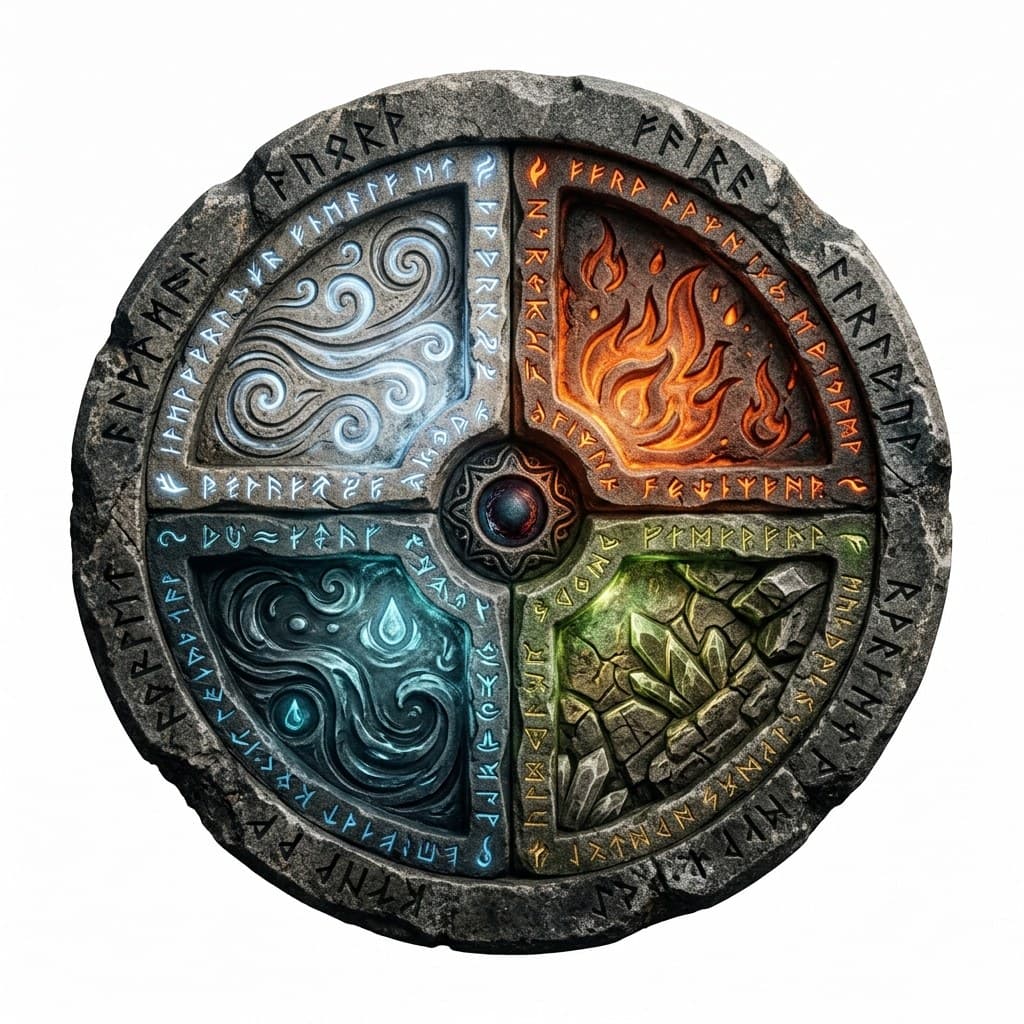西方魔幻元素召唤石圆盘四色风火水土正面图