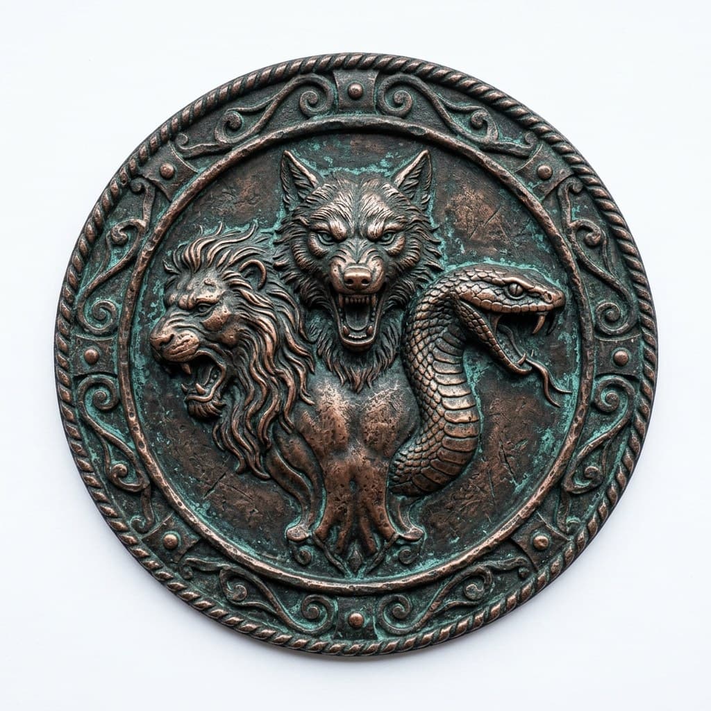 西方魔幻奇美拉纹章铜质三兽头狼狮蛇正面图
