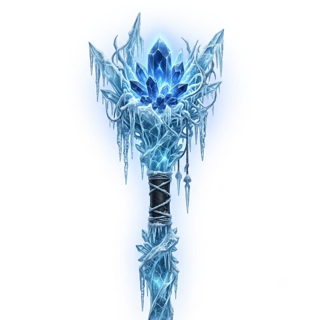 西方魔幻冰晶法杖冰柱水晶蓝光正面图