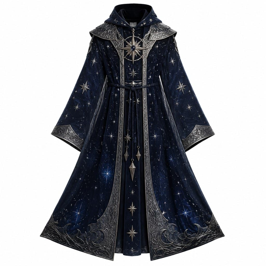 西方魔幻星光袍暗蓝底银星流动正面图