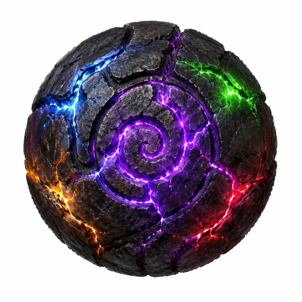 西方魔幻混沌石球彩色能量裂缝发光正面图