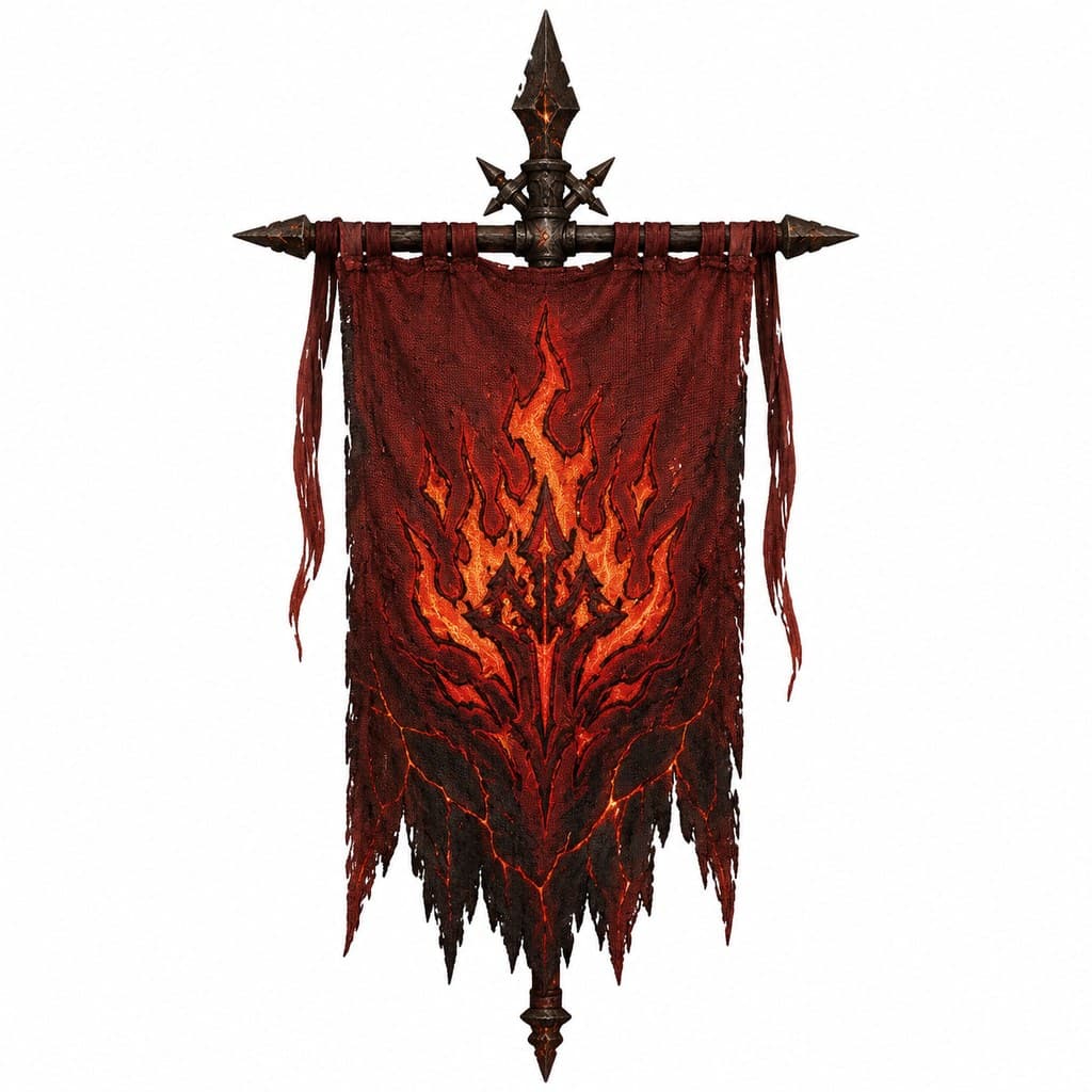 西方魔幻熔岩战旗赤红布火纹正面图