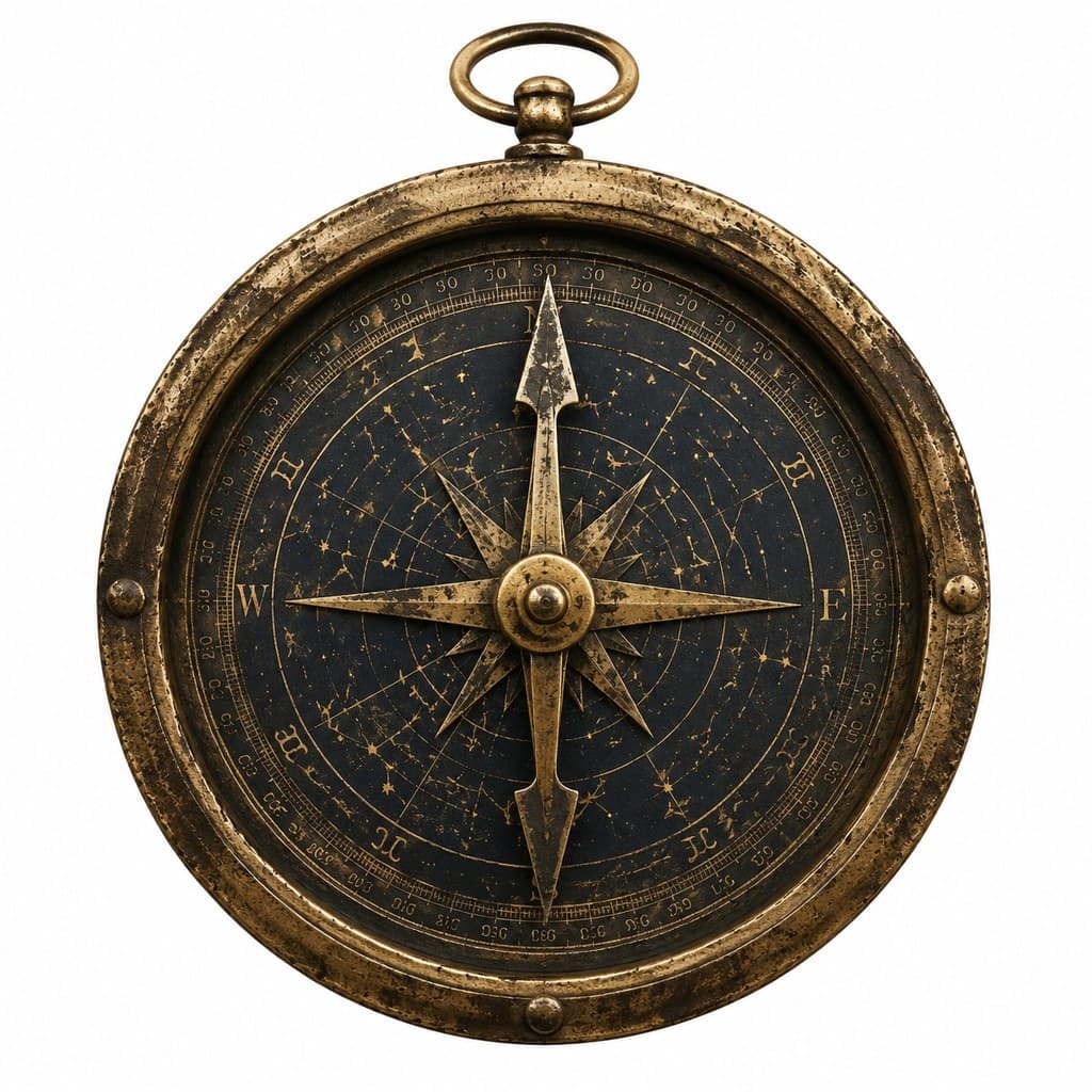西方魔幻通用铁制罗盘黄铜星盘指北针旧正面图