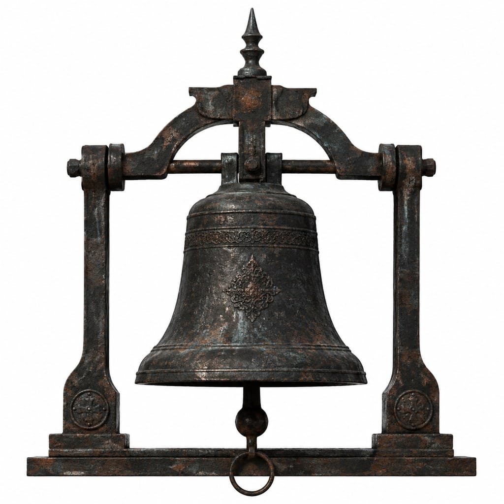 西方魔幻通用铁制大钟生锈钟锤铁架旧正面图