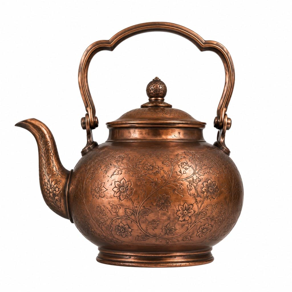 西方魔幻铜质茶壶圆腹花卉纹雕花正面图