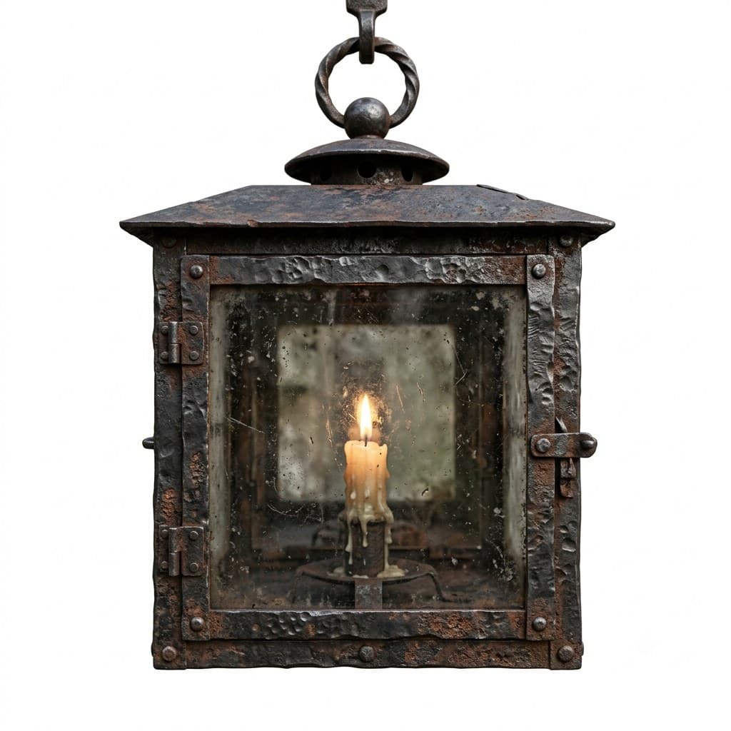 西方魔幻铁制马灯方形铁框玻璃蜡烛正面图