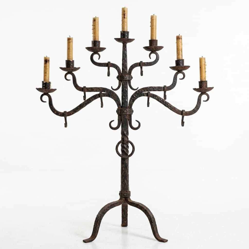 西方魔幻铁制烛台落地高杆多头正面图