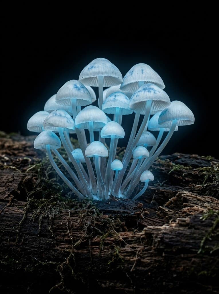 西方魔幻夜光蘑菇蓝光菌盖簇生整株图