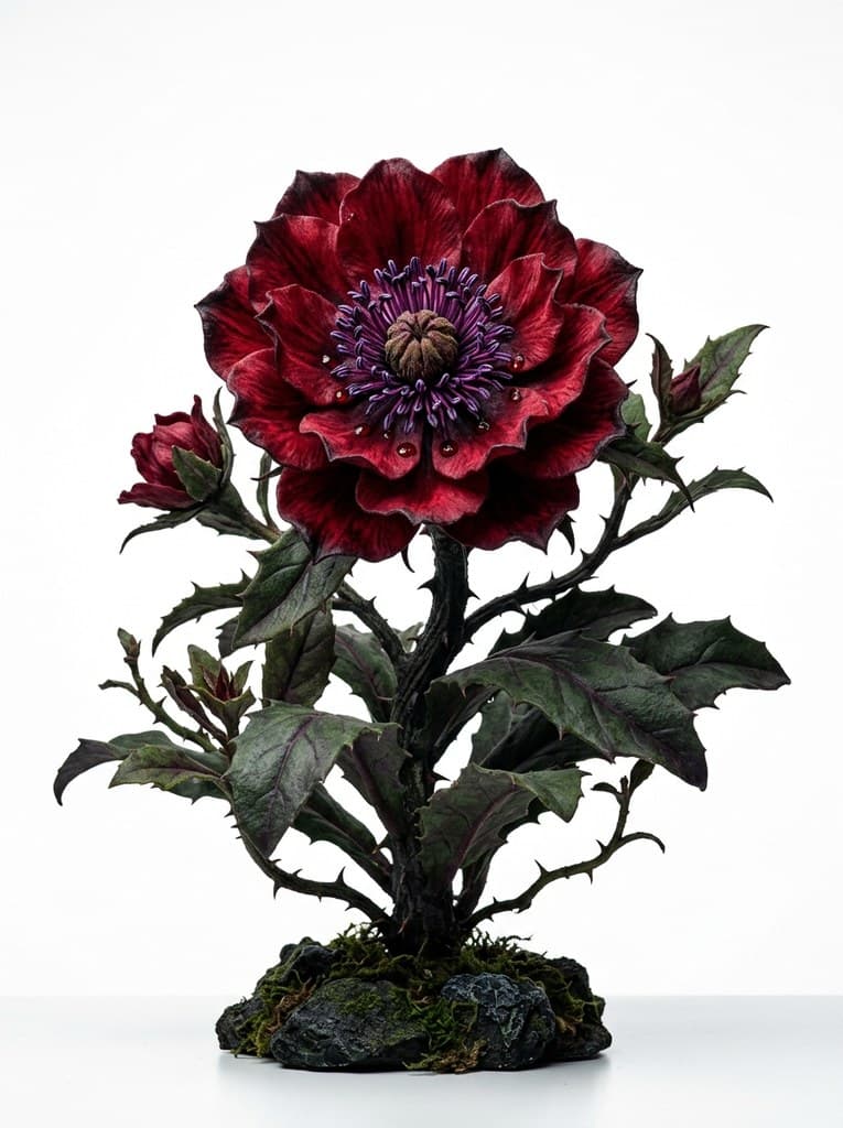 西方魔幻龙血花赤红花瓣暗紫蕊整株图