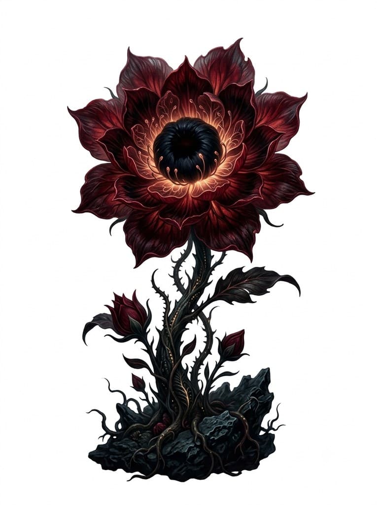 西方魔幻深渊花暗红花瓣黑蕊发光整株图