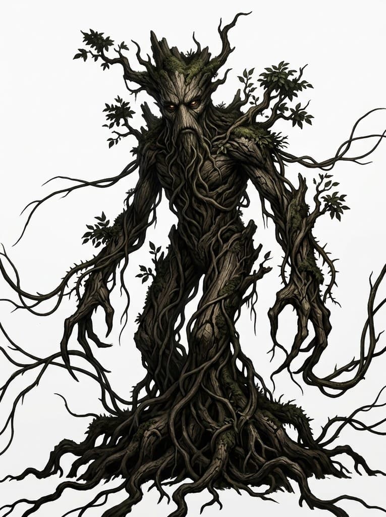 西方魔幻树人根须木褐色细根缠绕整株图