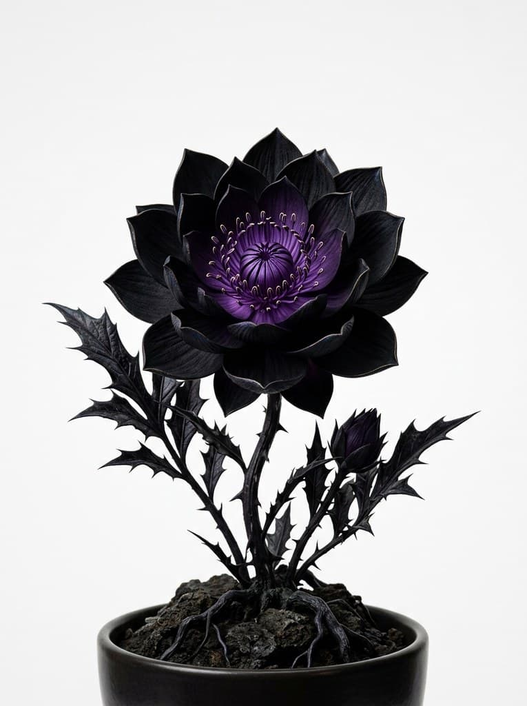 西方魔幻深渊黑莲深黑花瓣暗紫蕊整株图