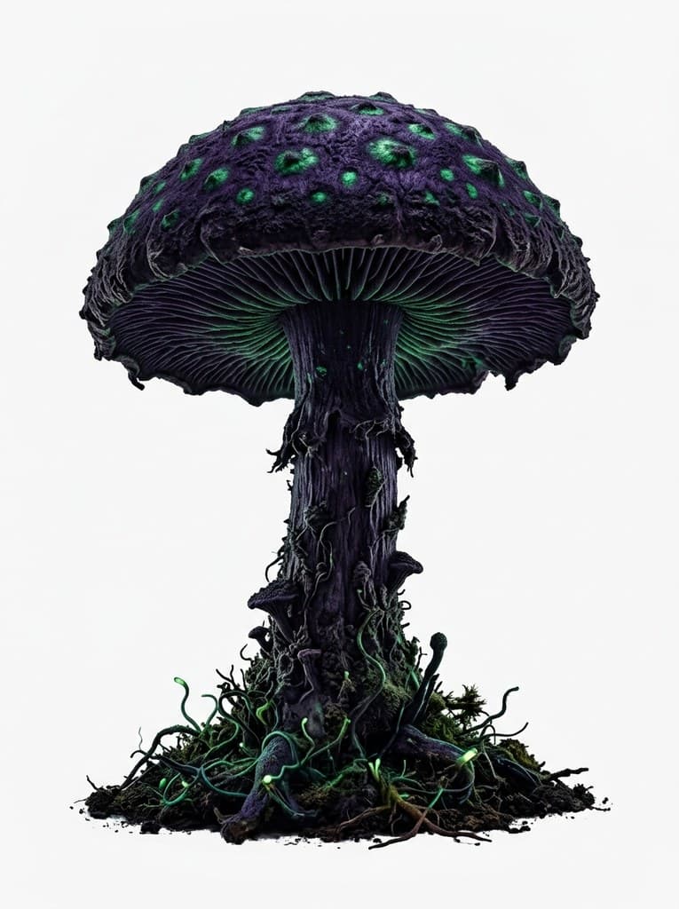 西方魔幻深渊菇暗紫菌盖绿斑整株图