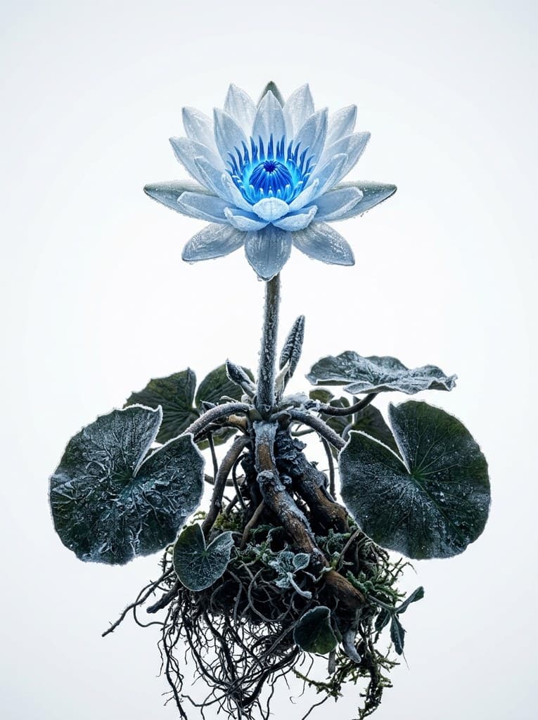 西方魔幻冰霜莲花冰白花瓣蓝蕊整株图