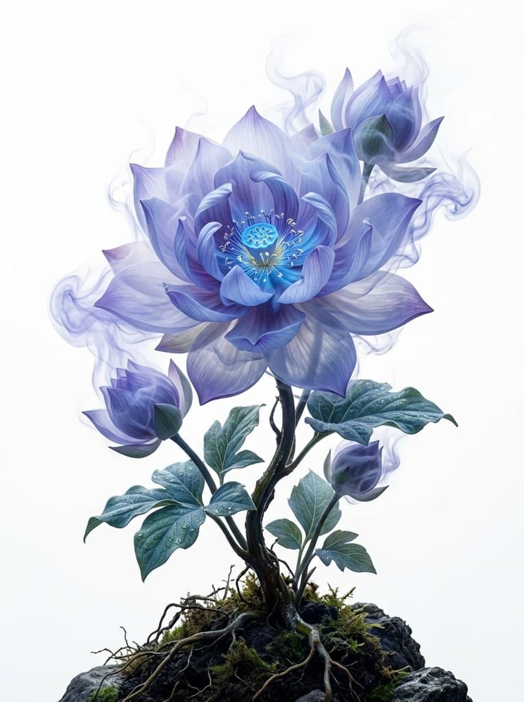 西方魔幻雾莲雾状花瓣蓝紫色晕染整株图