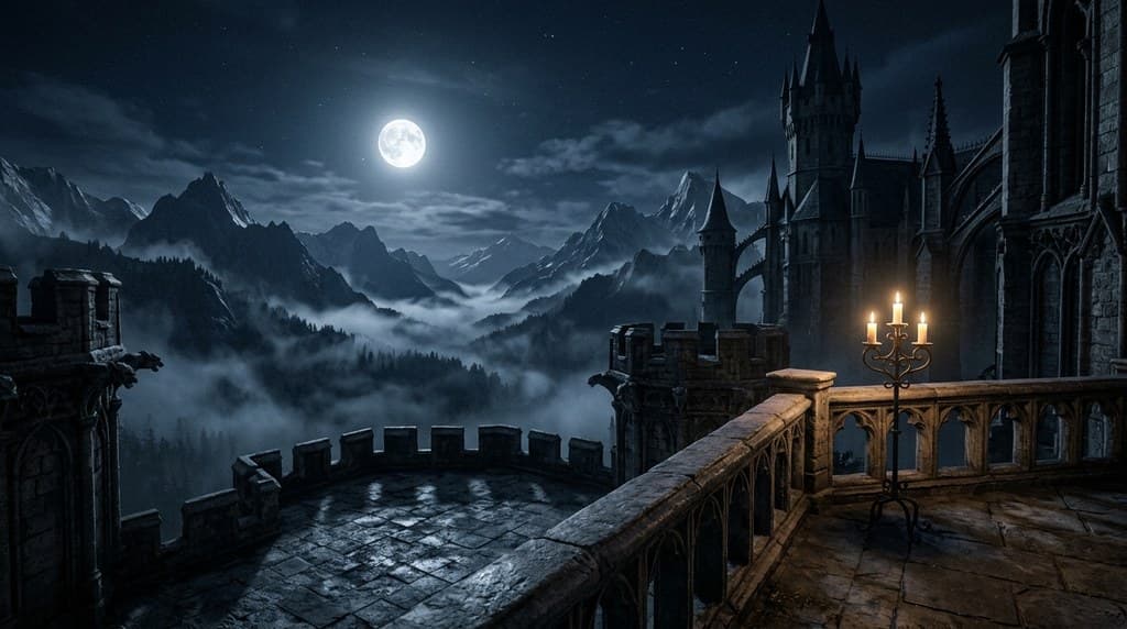 西方魔幻血族城堡露台石栏月夜远眺群山全景图