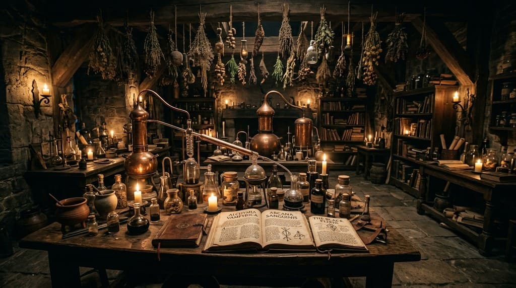 西方魔幻血族炼金实验室瓶罐蒸馏器烛光全景图