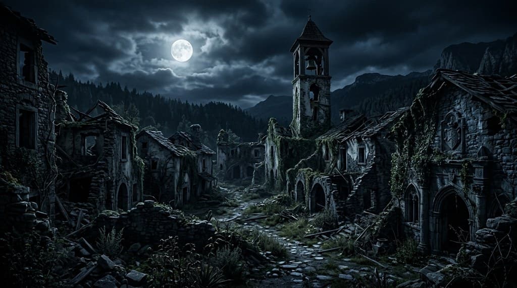 西方魔幻血族村庄废墟残垣断壁月光藤蔓全景图