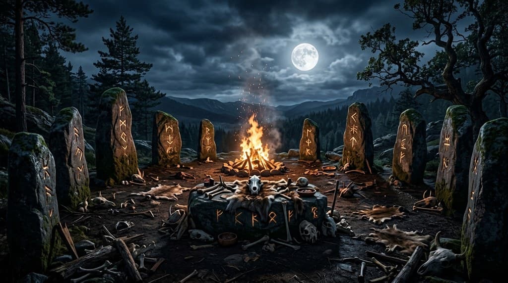 西方魔幻狼人祭坛月夜圆形立石篝火骨堆全景图