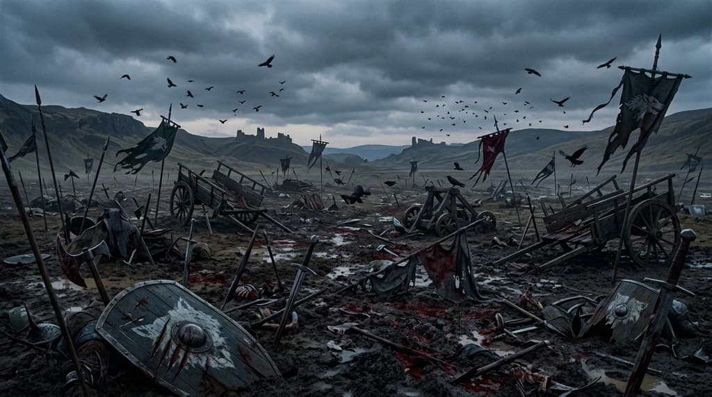 西方魔幻狼人荒原战场废墟残兵旗帜血迹全景图