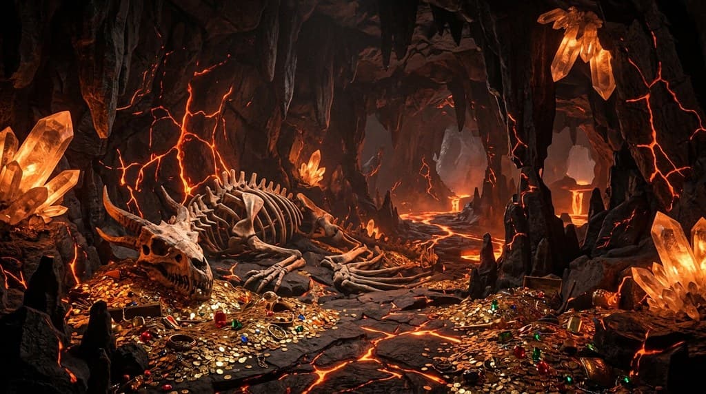 西方魔幻龙族巢穴火山口晶石巨龙骨骸全景图