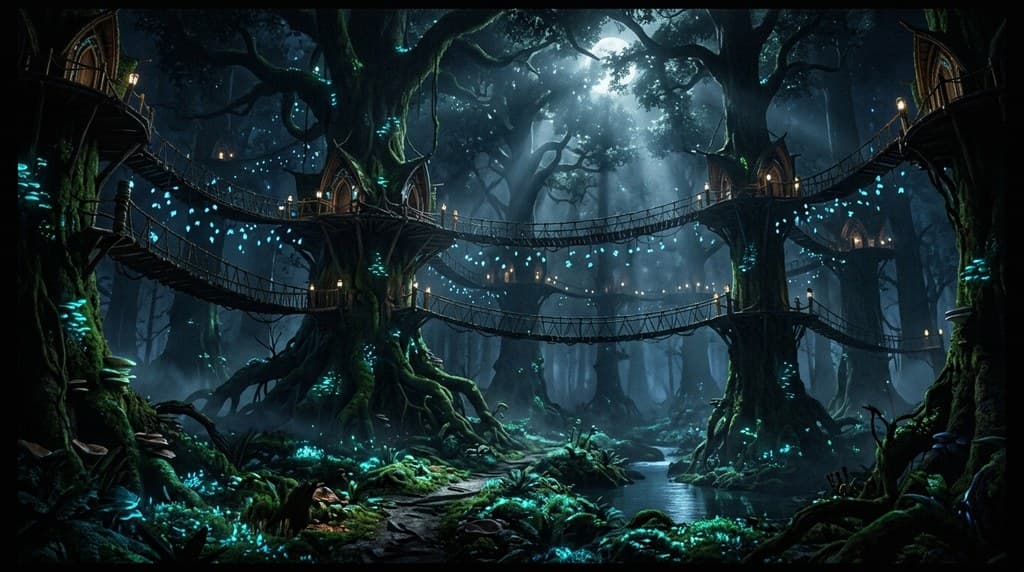西方魔幻精灵森林巨树屋藤桥月光全景图
