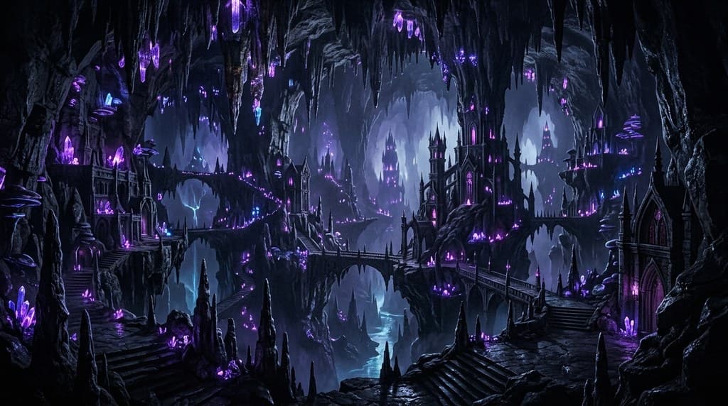 西方魔幻黑暗精灵地下城市洞穴钟乳石紫光全景图