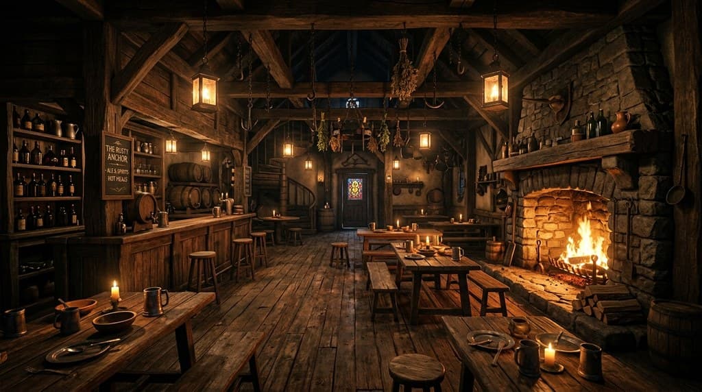 西方魔幻通用酒馆内部木桌壁炉酒桶全景图