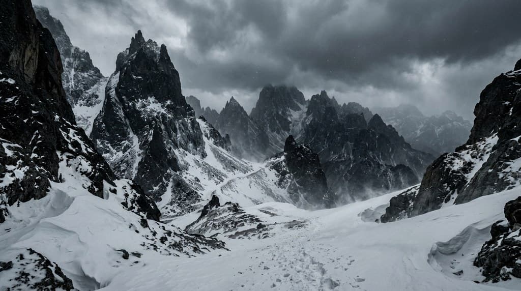 西方魔幻通用雪山隘口险峰积雪风暴全景图