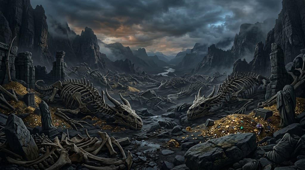 西方魔幻上古龙墓巨龙骸骨山谷宝藏全景图