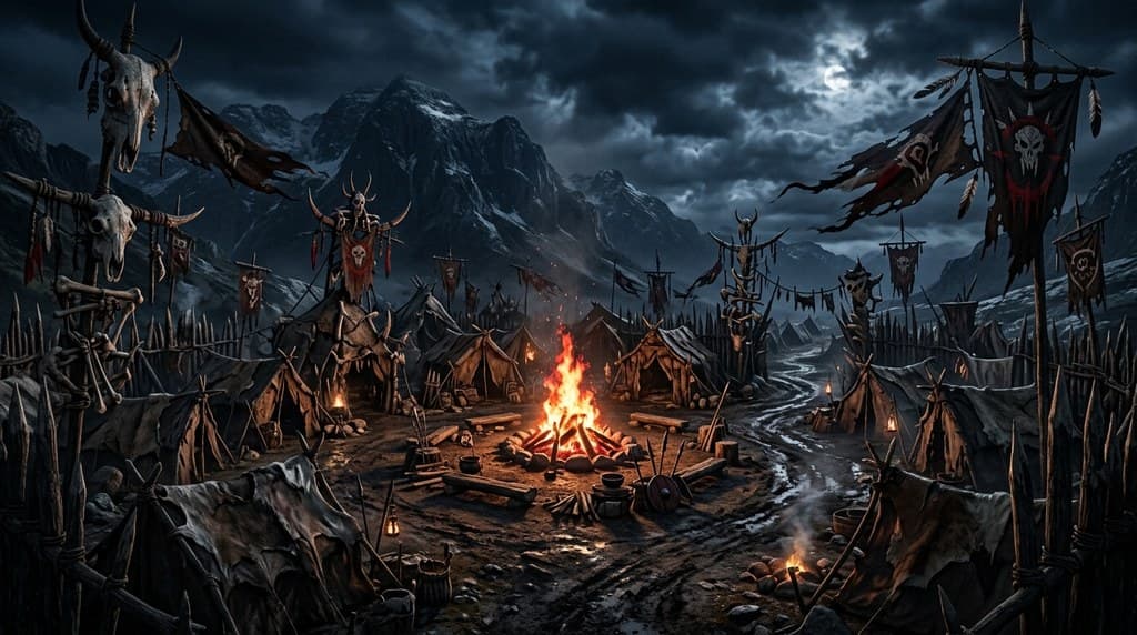 西方魔幻兽人营地骨饰旗帜篝火帐篷全景图