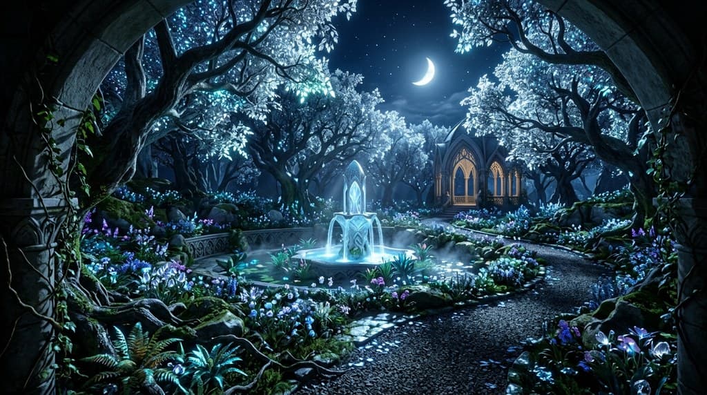 西方魔幻精灵花园银光树木喷泉小径全景图