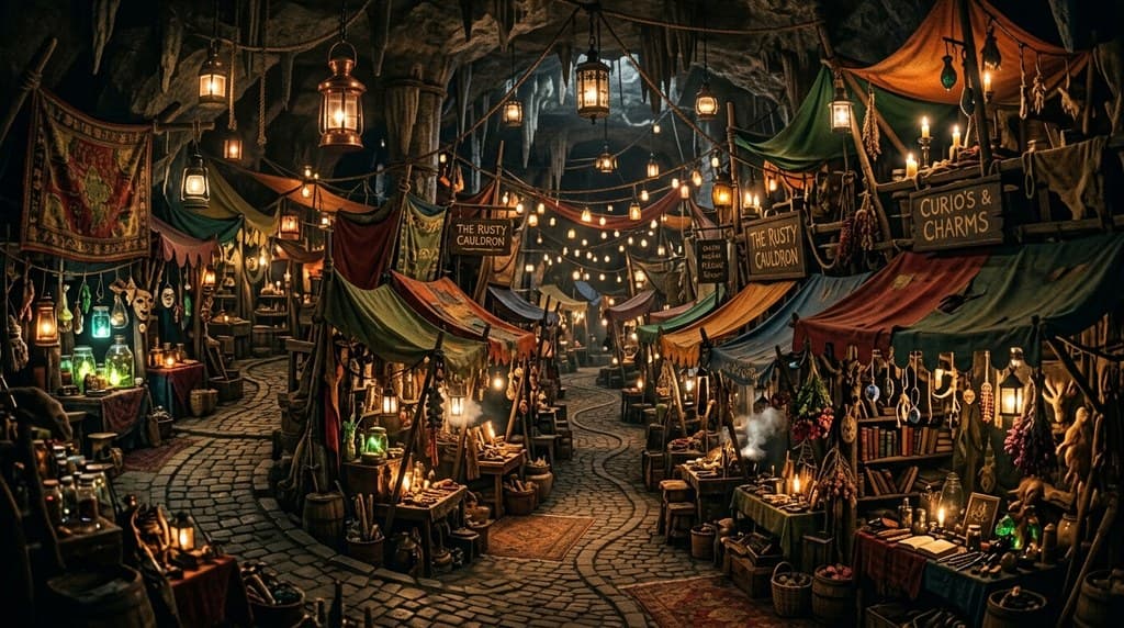 西方魔幻地精市场杂乱摊位彩棚灯火全景图