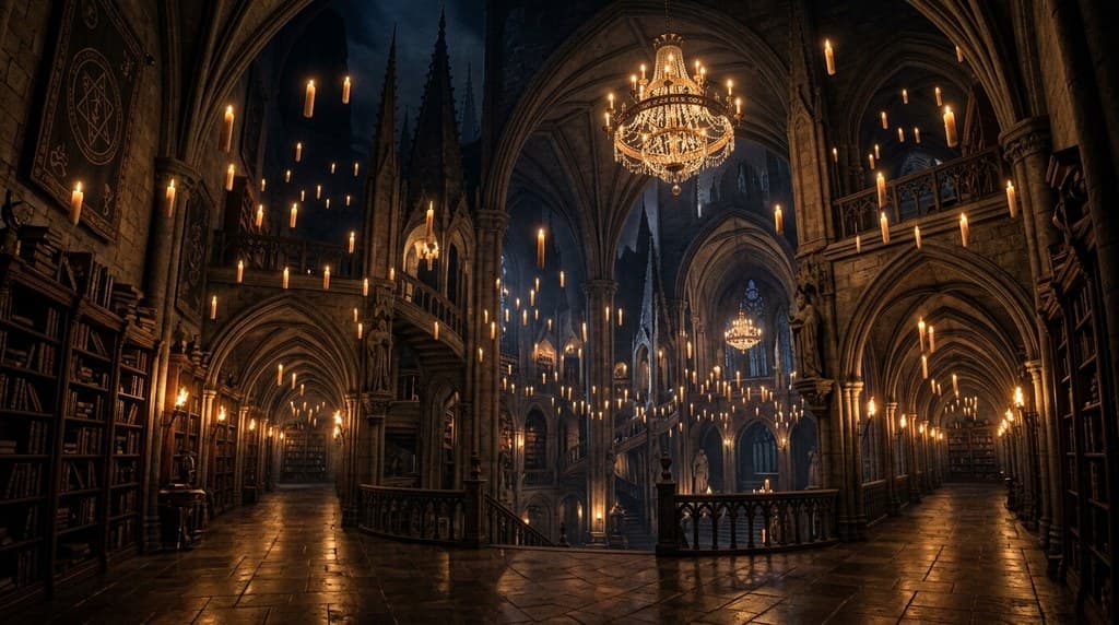 西方魔幻魔法学院尖塔回廊水晶灯全景图