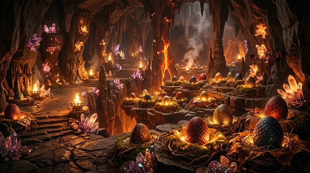 西方魔幻龙族孵化场龙蛋晶石暖光全景图