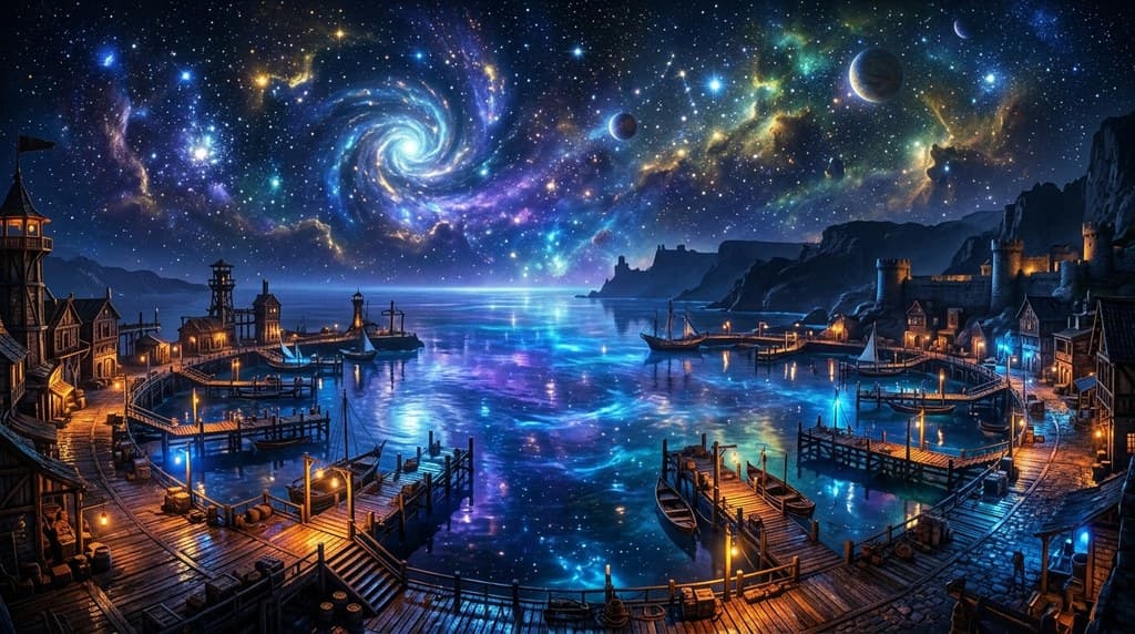 西方魔幻星界海港星辉水面发光码头全景图