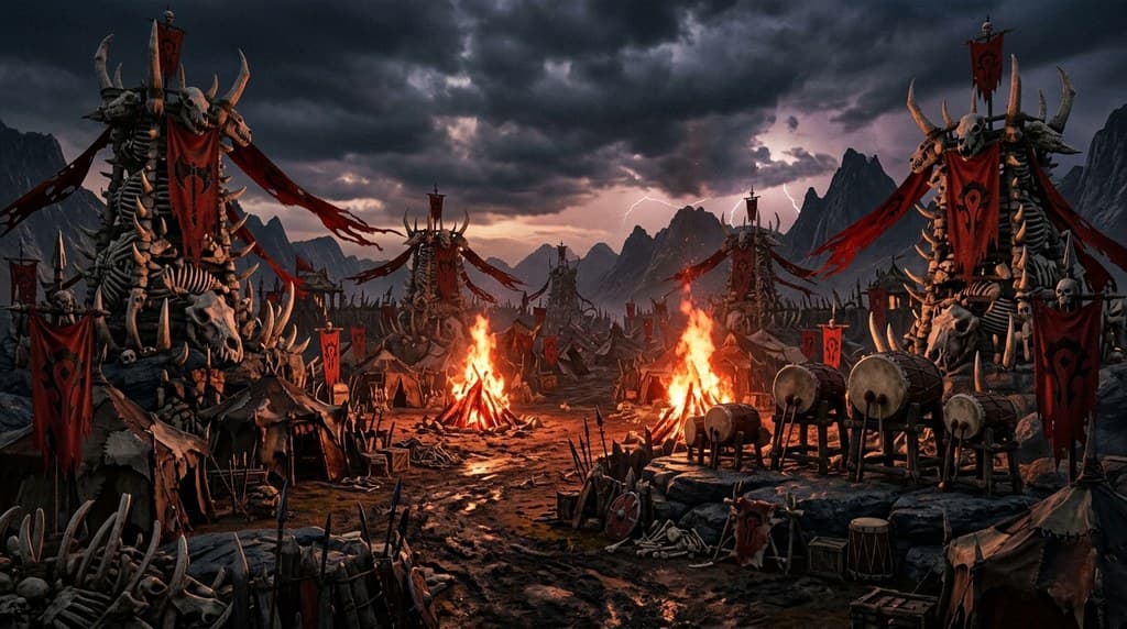 西方魔幻兽人战争营地骨塔火堆血旗全景图